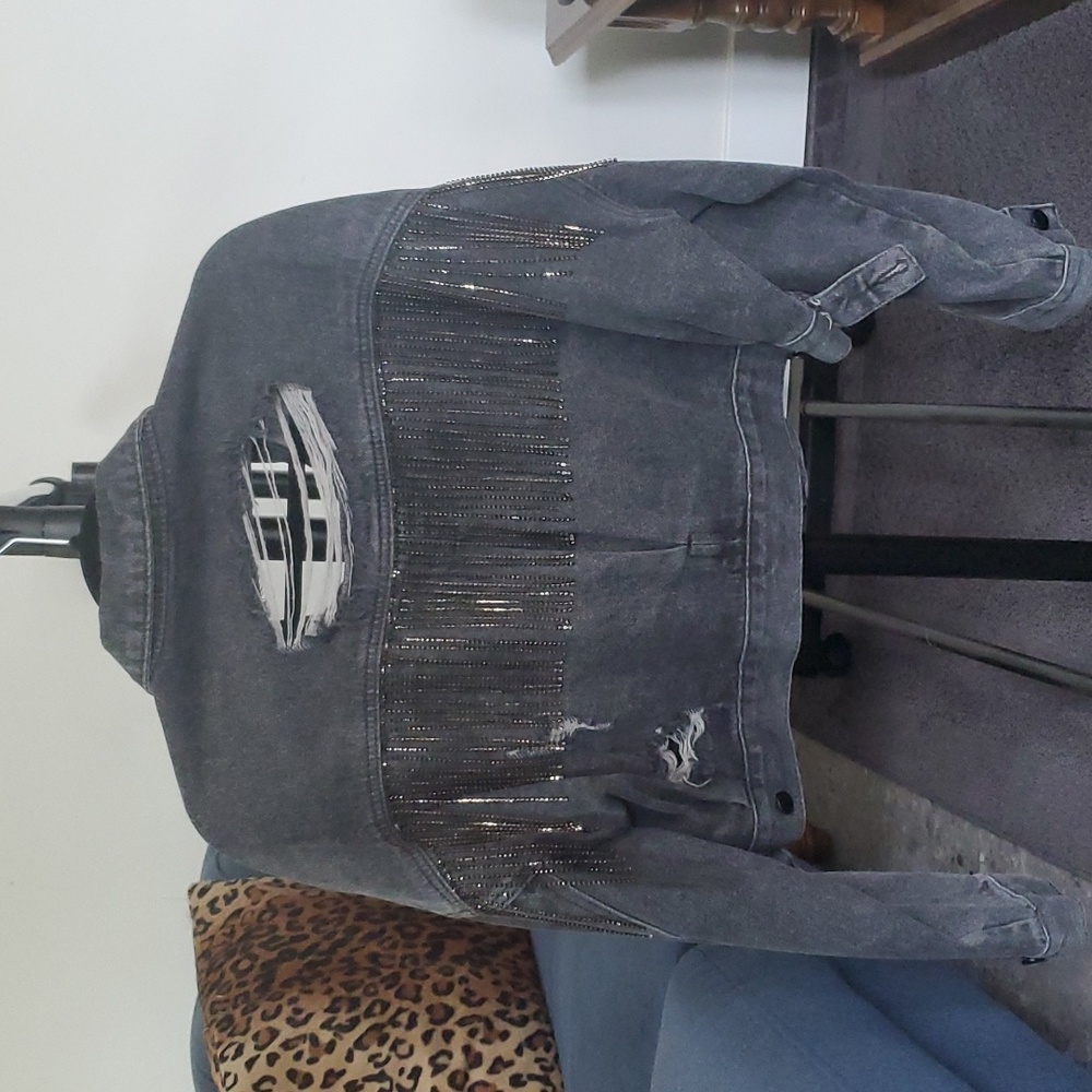 Blue B Distressed Black Rhinestone Fringe Crop Denim Jacket